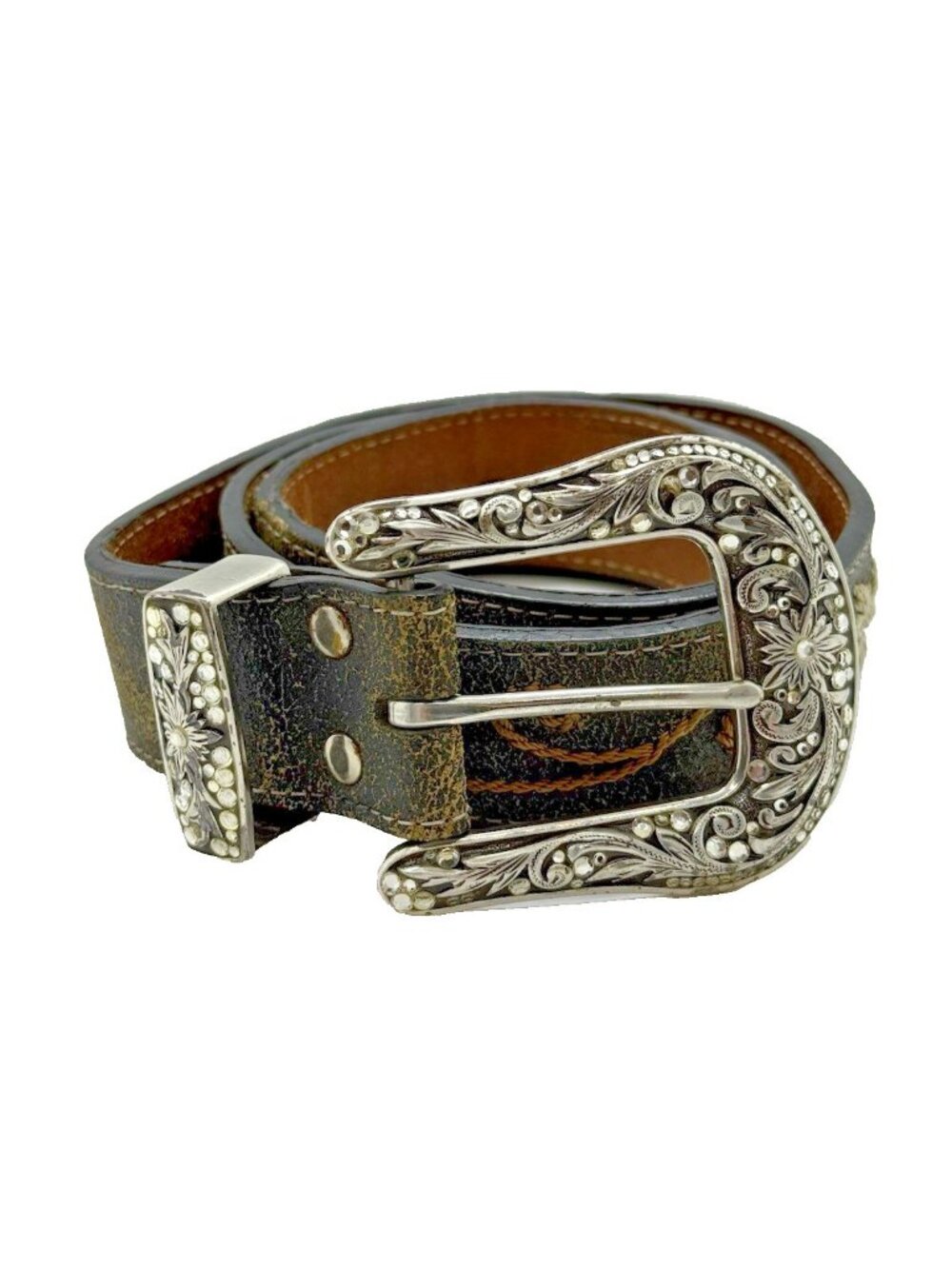 Nocona Leather Western Belt N3447001 Denim Flower Silver Buckle Sz M Bedazzled
